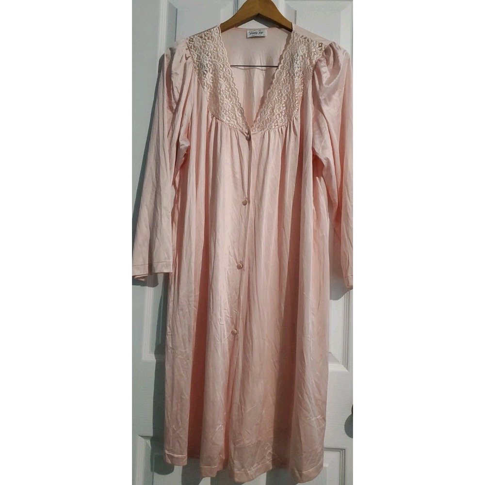 2 Vtg. Vanity Fair Robe Baby Pink&Light Green Lace Nylon Button Up Sz L USA Made